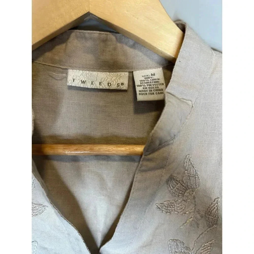 Tweed button down pullover top embroidered button down 100% linen size Medium - Picture 4 of 6